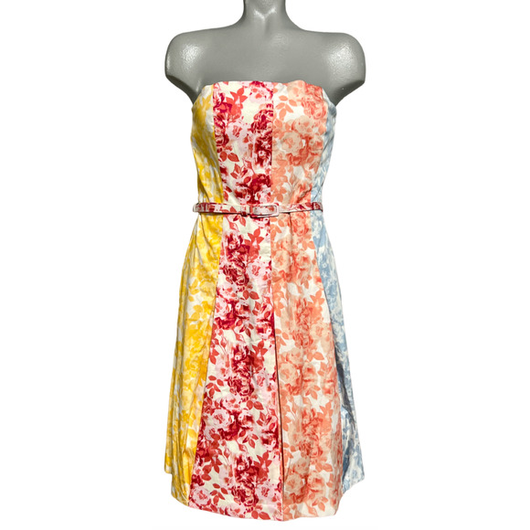 NEW WHITE HOUSE BLACK MARKET WHBM FLORAL STRAPLESS BELTED FIT AND FLARE DRESS 8 - Picture 1 of 11